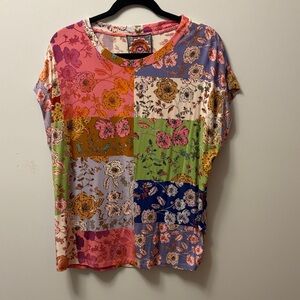 Johnny Was Multicolor Patchwork Short Sleeve Top
